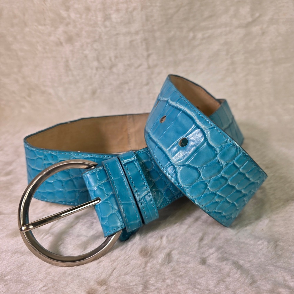 VTG 80s Suzanne Somers Waist Belt Blue Croco Embossed Leather Womens XL